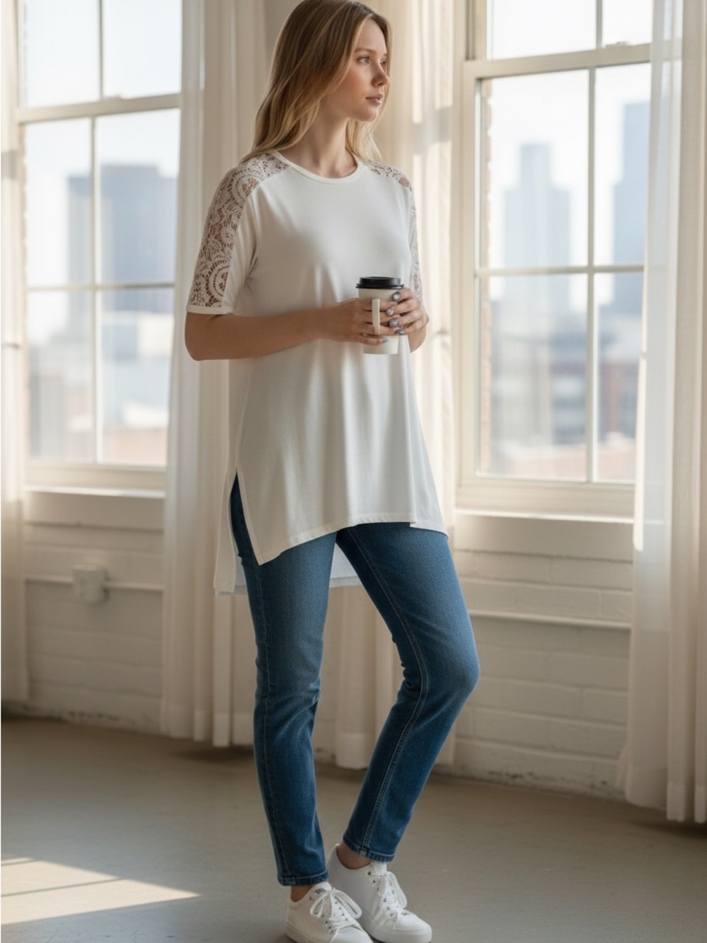 Zenana Outfitters White Lace Shoulder Tunic - Picture 5 of 7